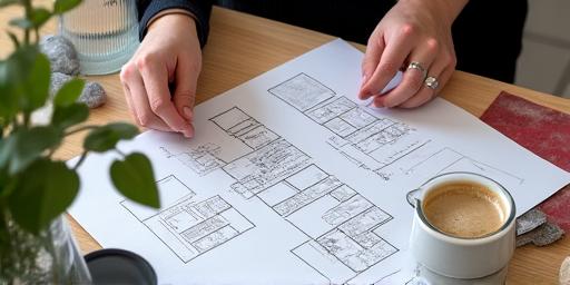 Eine Skizze für Innenarchitektur mit Plan und Materialien für eine Beratung