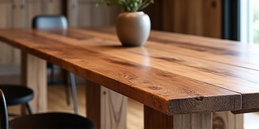 Ein robuster Esstisch aus nachhaltigem Holz mit natürlicher Maserung