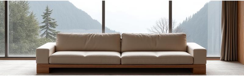 Modernes Sofa 'Alpenblick' mit hellem Stoffbezug und Holzelementen