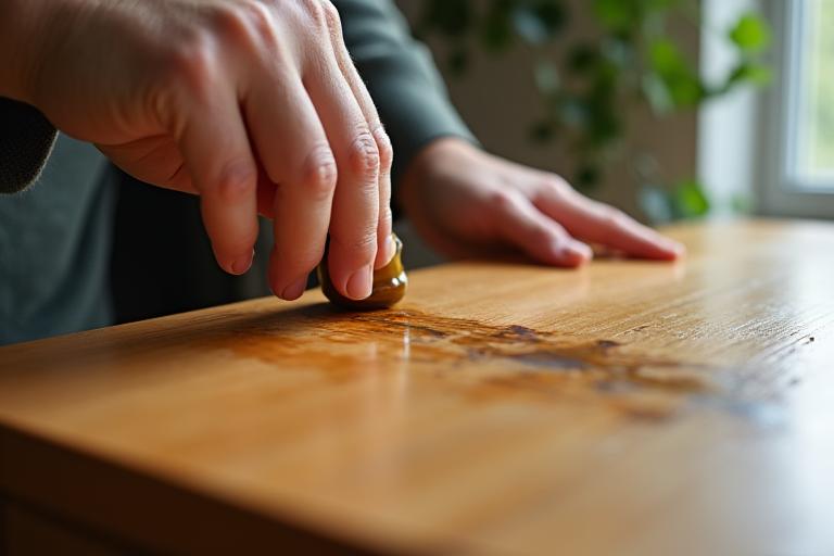 Hand, die ein Holzmöbelstück mit natürlichem, ungiftigem Öl einreibt und dabei Glanz verleiht.