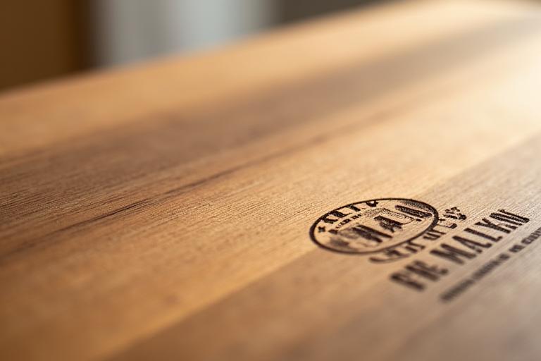 Nahaufnahme von zertifiziertem Holz mit sichtbarer Maserung und einem Gütesiegel.