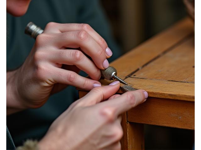 Detailansicht einer Hand, die eine kleine Reparatur an einem Holzmöbelstück vornimmt.