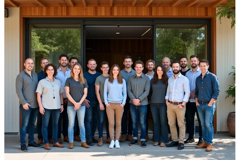 Ein Gruppenfoto des gesamten Alpina Interiors Teams, das lächelnd vor der Werkstatt steht.