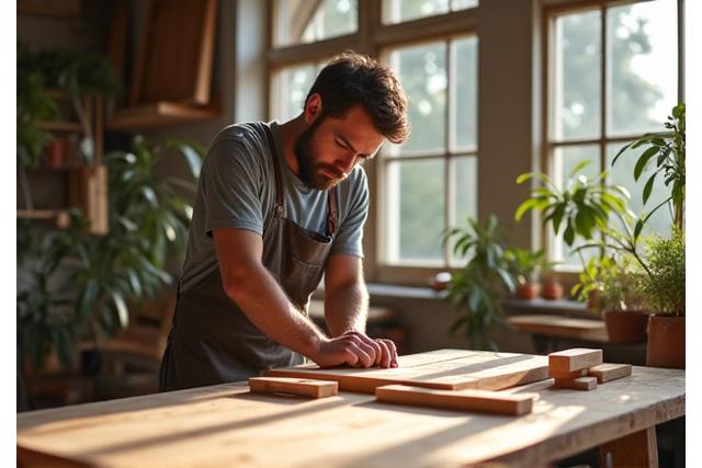 Ein Handwerker arbeitet in einer Holzwerkstatt an einem Möbelstück von Alpina Interiors.
